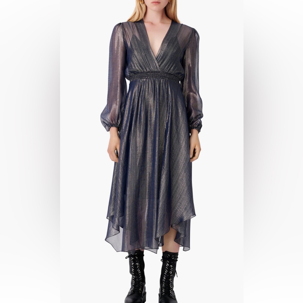 Maje Metallic Plisse Long Sleeve Midi Dress